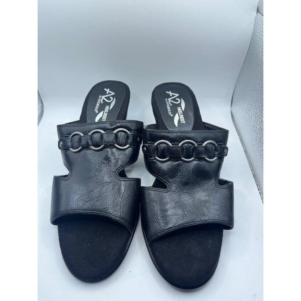 A2 by Aerosoles Black Leather Chain Detail‎ Wedge Heel Mules Sandals Women's 7